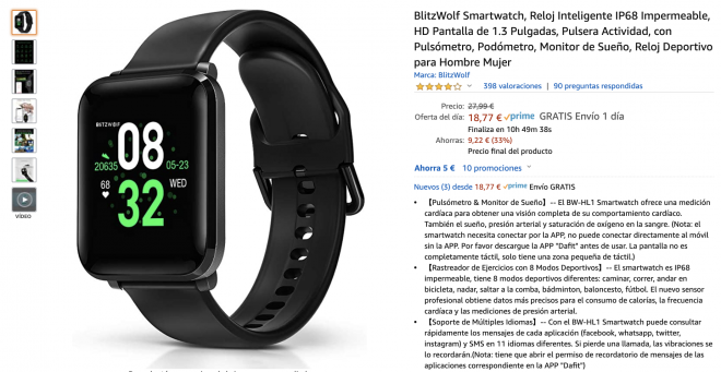 Oferta en Amazon BlitzWolf Smartwatch IP68 a sólo 18,77.