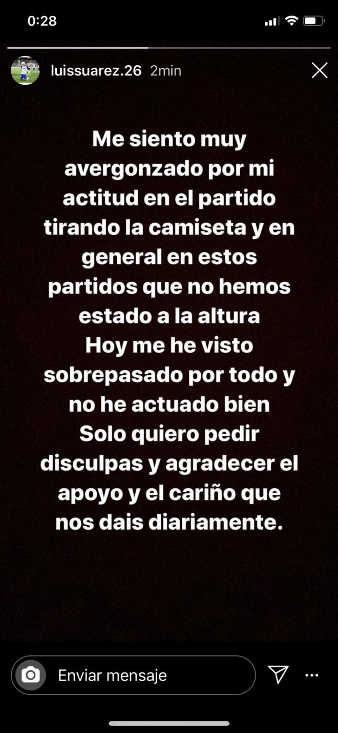 Luis Suárez pidió disculpas por sus formas tras el Albacete - Real Zaragoza (Foto: Instagram @luissuarez.26).