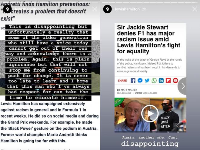Lewis Hamilton responde en Instagram a los que le critican y sigue luchando contra el racismo.