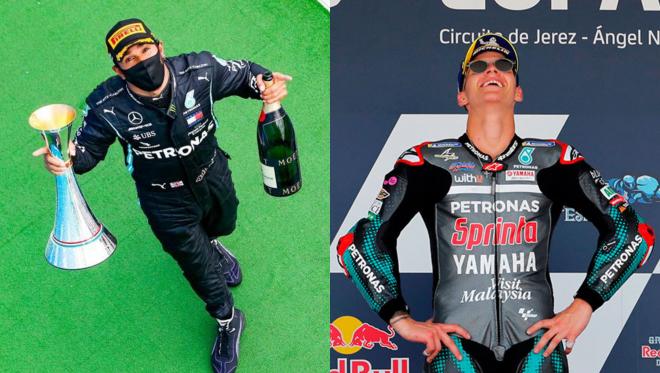 Lewia Hamilton y Fabio Quartararo celebran sus triunfos en F-1 y MotoGP (Fotos: EFE=.