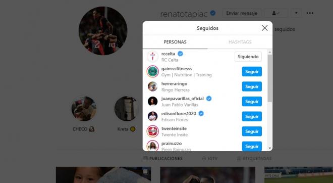 Renato Tapia ya sigue a la cuenta del Celta en Instagram.