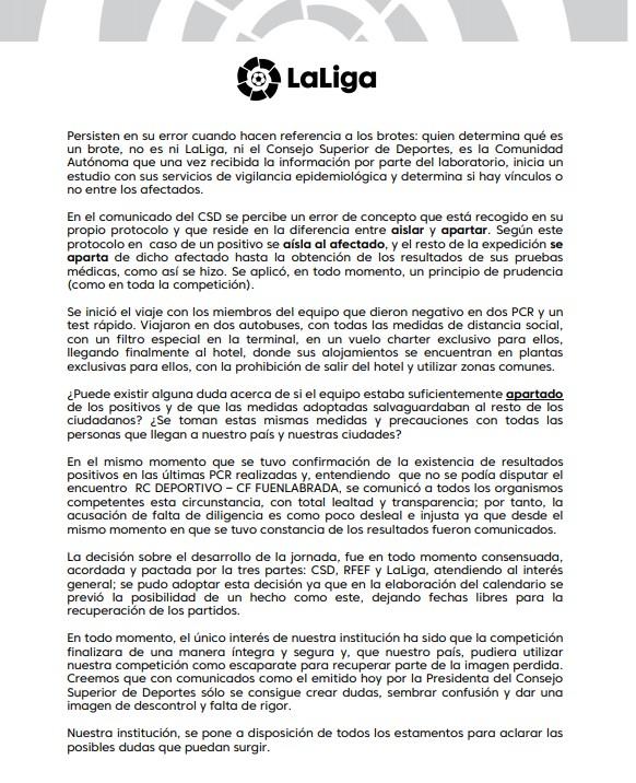 Comunicado de LaLiga defendiéndose del CSD.