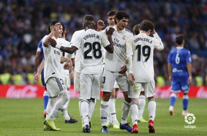 Fran García, Vinícius, Vallejo y Odriozola celebran un gol del Real Madrid (Foto: LaLiga)