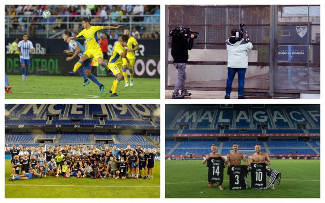 Varias imágenes en La Rosaleda durante este curso (Fotos: EFE / Málaga CF / FC Cartagena).