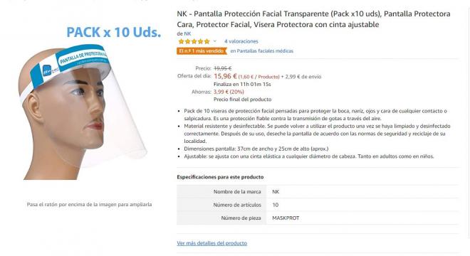 Pantalla protectora contra el coronavirus a un gran precio en Amazon.