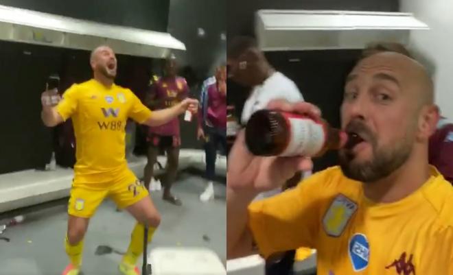 Pepe Reina, desatado celebrando la permanencia del Aston Villa.