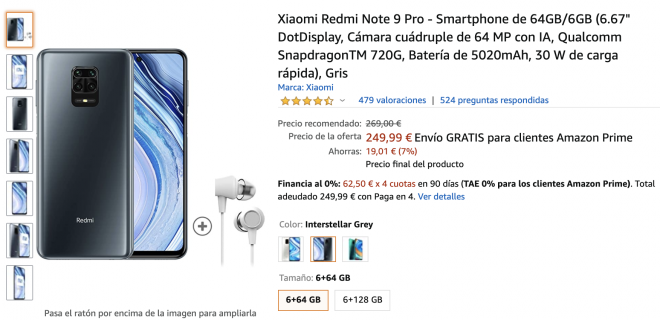 Oferta en Amazon del 29 de julio en el Xiaomi Redmi Note 9 Pro 64GB.