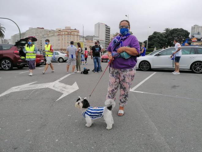 Una aficionada acude con su perro a la manifestación para pedir justicia por el Dépor.