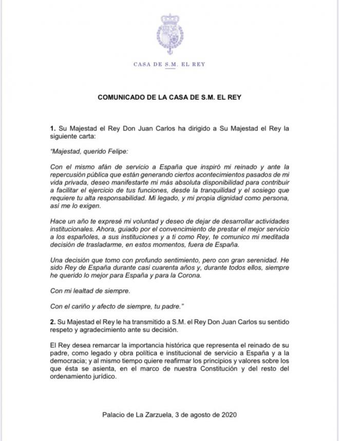 Carta de renuncia de Juan Carlos I a su hijo, el Rey Felipe VI.
