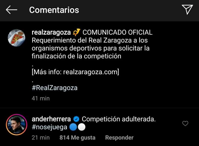 Respuesta de Ander Herrera al comunicado del Real Zaragoza (Foto: Twitter).