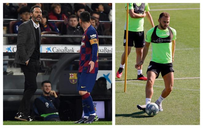 Vicente Moreno, charlando con Messi, y Keidi Bare en un entrenamiento (Fotos: EFE / LaLiga).
