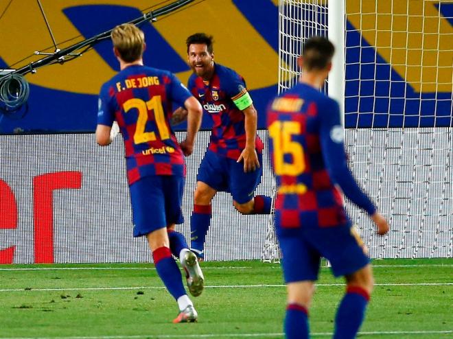 Messi festeja el 2-0 del Barcelona ante el Nápoles (Foto: EFE).