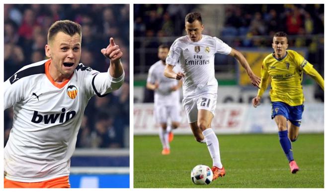 Cheryshev, en un partido con el Valencia y en su visita al Carranza.