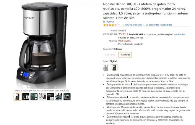 Amazon te ofrece esta cafetera Aigostar al mejor precio.