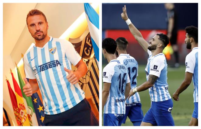 Orlando Sá, tras firmar con el Málaga, y Sadiku festejando un gol (Fotos: Málaga CF / LaLiga).