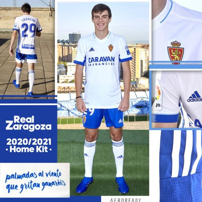 Francho Serrano con la primera equipación para la temporada 20/21 (Foto: Real Zaragoza).