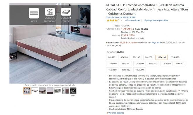 Amazon te ofrece el mejor precio en este colchón viscoelástico.