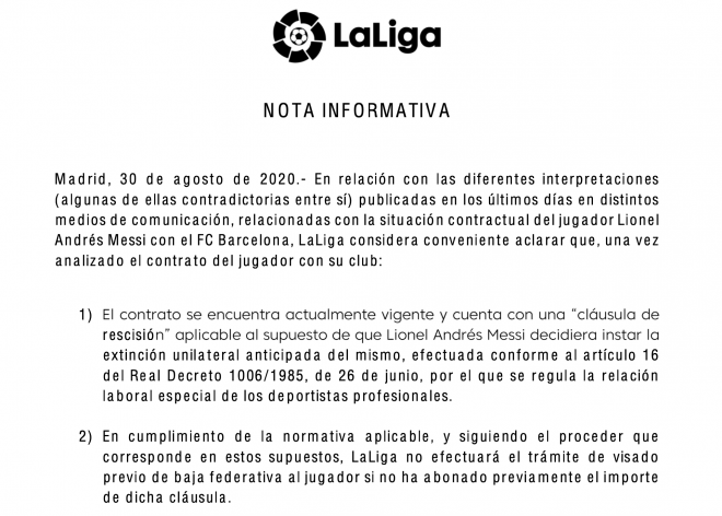 Nota informativa de LaLiga sobre el contrato de Leo Messi con el Barcelona.
