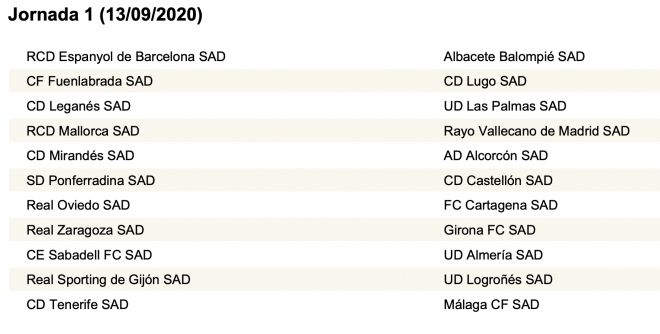 Los partidos de la jornada 1 de LaLiga SmartBank tras el sorteo del calendario.