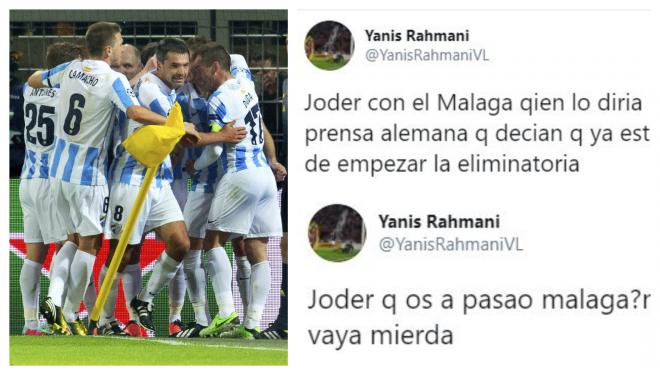 Una imagen del Dortmund-Málaga y los tuits de Yanis aquella noche (Foto: EFE).