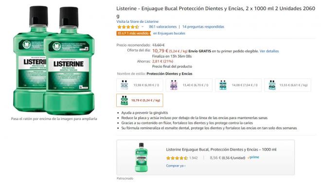 Productos Listerine rebajados de precio en Amazon.