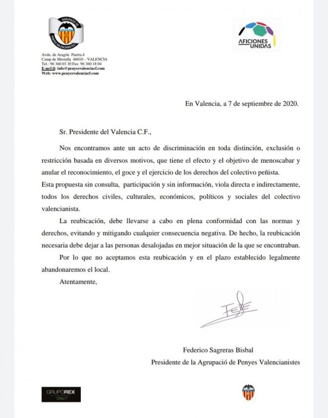 Carta de las peñas al Valencia CF