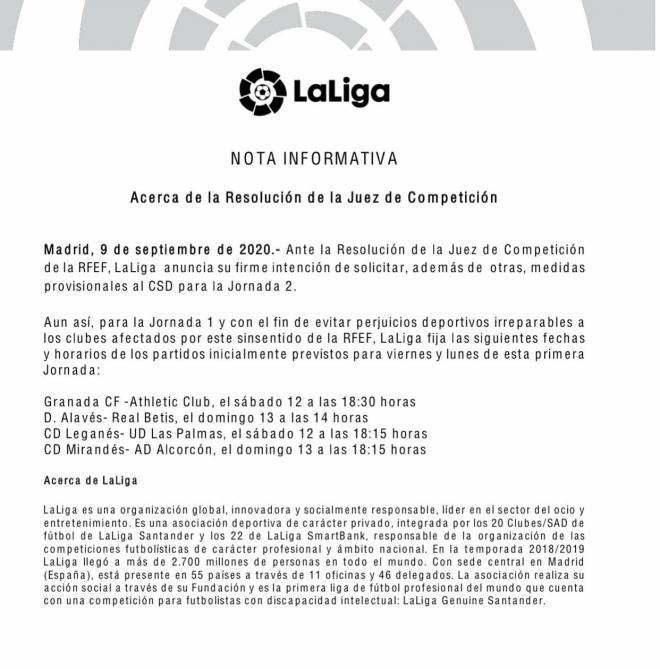 Nota informativa de LaLiga que afecta al Alavés-Betis.