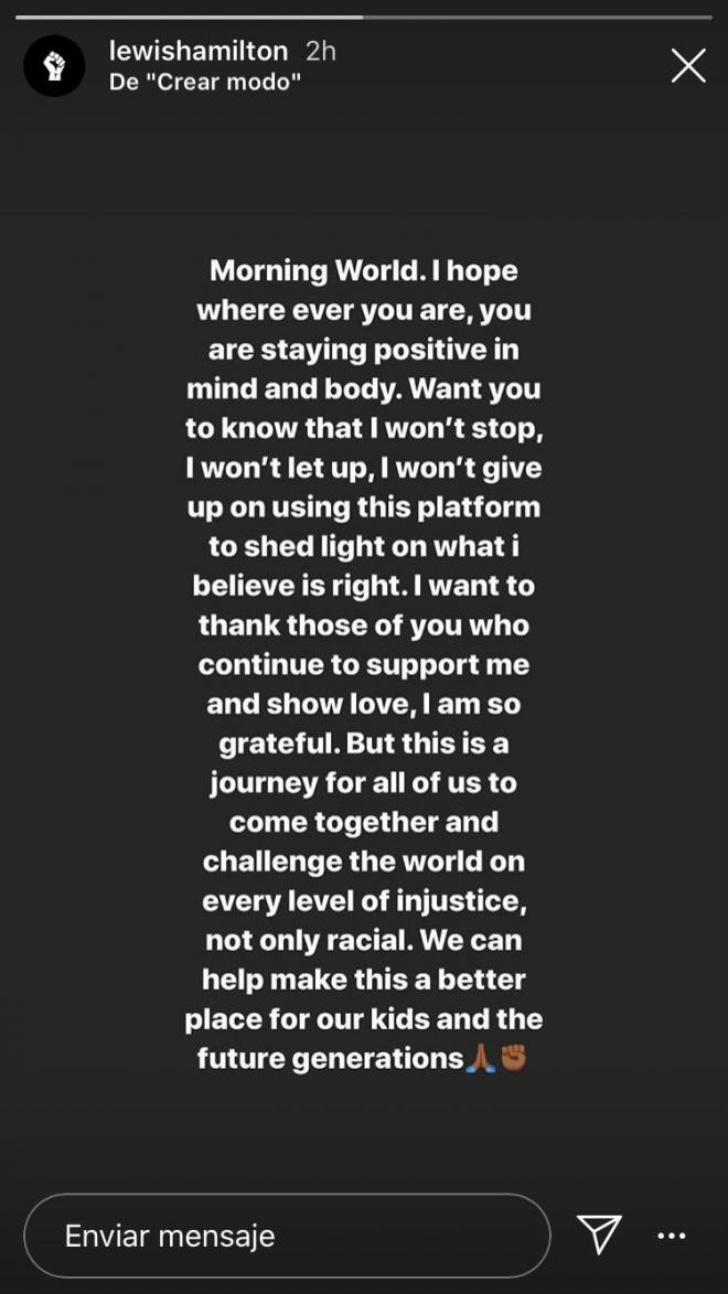 El mensaje de Lewis Hamilton en Instagram tras conocerse que la FIA lo investiga por su camiseta sobre Breonna Taylor.
