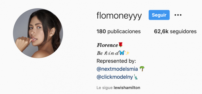 Lewis Hamilton sigue a Florence Mueller en Instagram.