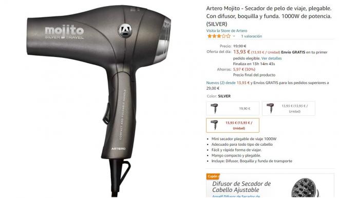 Secador de pelo de viaje Artero Mojito al mejor precio en Amazon.