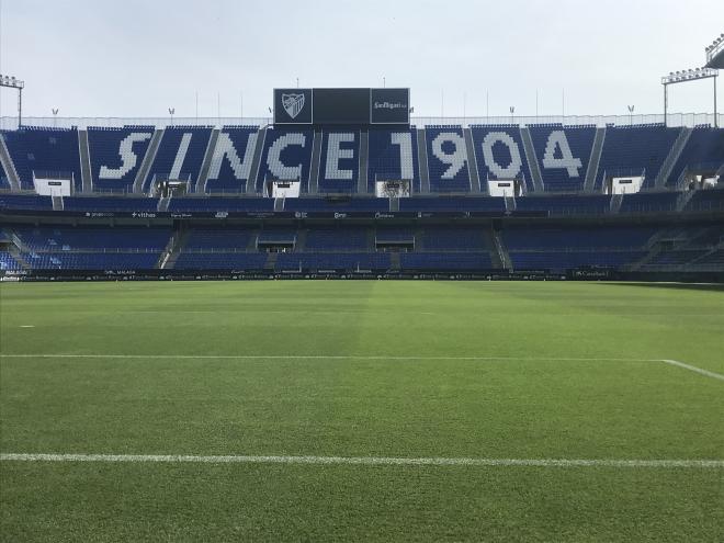 El césped de La Rosaleda, tras ser renovado en la pasada campaña.