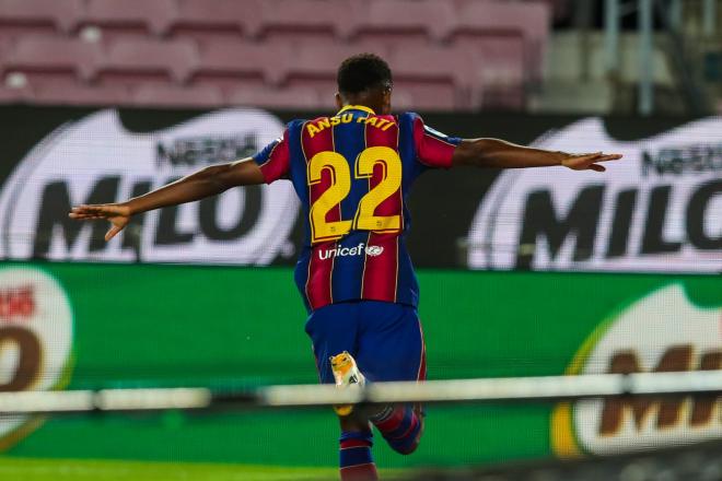 Ansu Fati, celebrando uno de sus goles (Foto: FCB).