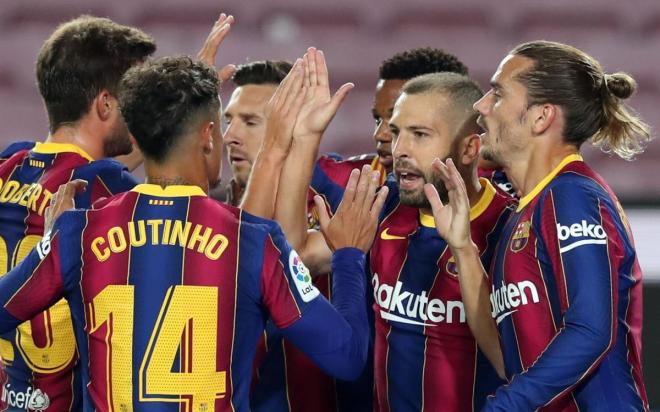 Los jugadores del Barcelona celebran un gol en el Camp Nou (Foto: FCB).