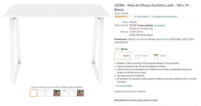 Encuentra el mejor precio en Amazon de esta mesa de oficina Levira.