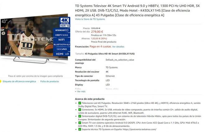 Oferta en este televisor TD Systems en Amazon.