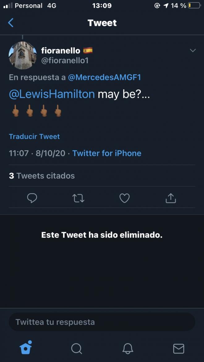 Un tuitero desea que Hamilton diera positivo en Mercedes F1.