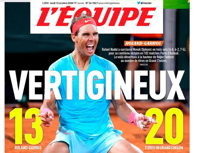 Portada de 'L'Equipe' a Rafa Nadal (FOTO: EFE).