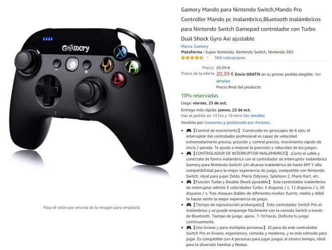Amazon te trae el mejor precio en este mando para Nintendo Switch de Gamory.