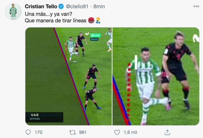 El tuit de Tello sobre el arbitraje en el Betis-Real Sociedad.