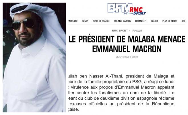 Una imagen de Al-Thani y la noticia de Radio Montecarlo sobre su amenaza a Macron.
