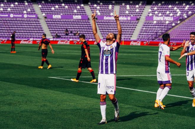 Míchel Herrero, tras el gol anotado a la Real Sociedad (Foto: Real Valladolid).