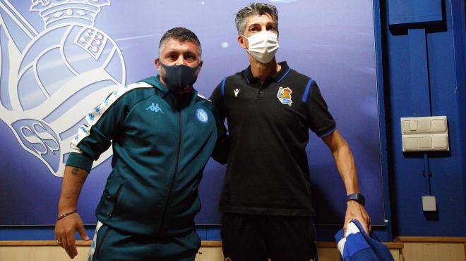 Imanol y Alguacil se saludan en el Reale Arena (Foto: Real Sociedad).