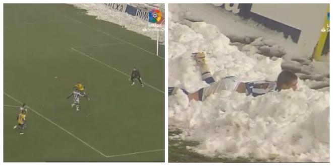 Griezmann marca un golazo al Cádiz y lo celebra tirándose en la nieve.