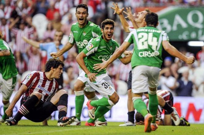 Jorge Molina, Alejandro Pozuelo y Rubén Castro celebran un gol en Bilbao.