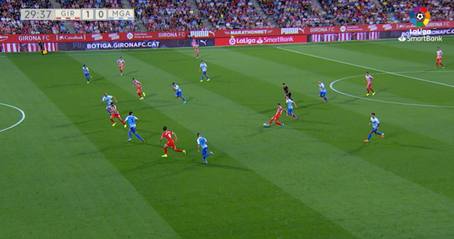 Imagen de la posición milimétrica en el gol de Stuani ante el Málaga.