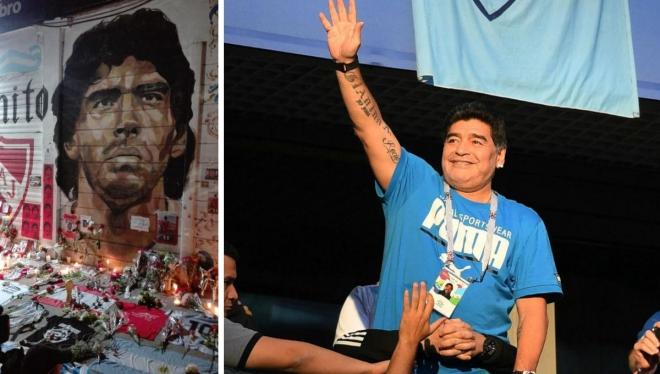 Diego Armando Maradona, junto a uno de los altares en honor a él, en El Paternal.