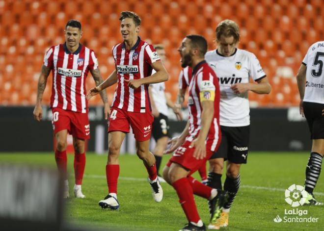 Los jugadores del Atlético de Madrid celebran el único gol que encajó Jaume (Foto: LaLiga).
