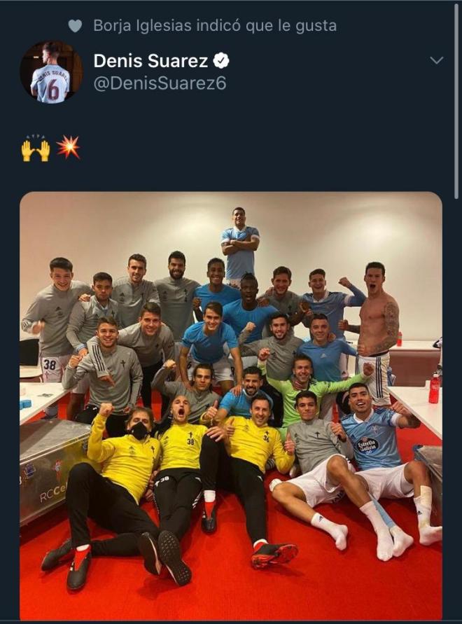 'Me gusta' de Borja Iglesias al tuit de Denis Suárez.