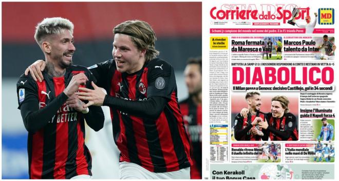 Samu celebra su gol, a la derecha la portada (Foto izquierda: AC Milan).