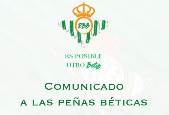 Comunicado de 'Es posible otro Betis' a las peñas béticas.